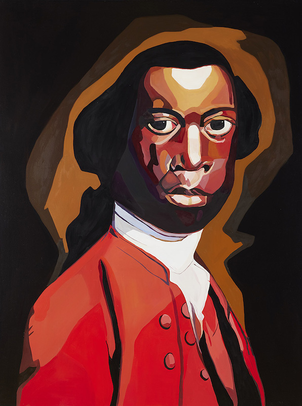 A portrait painting of a Black man. He sits with his body facing slightly to the right. He wears 18th century British period clothing - a red dress coat and waistcoat, and a white high collar shirt with cravat. His long black hair is tied in a ponytail at the nape of his neck. Paentiad portread o ddyn Du. Mae’n eistedd gyda’i gorff yn wynebu ychydig i’r dde. Mae’n gwisgo dillad Prydeinig o’r ddeunawfed ganrif - cot goch â chwt a gwasgod, a chrys â choler uchel gwyn a chrafat. Mae ei wallt hir du wedi’i glymu’n gynffon wrth ei war.